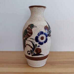 Vintage Tonala Mexican Pottery Vase Bird Floral Design Signed Folk Art 8"